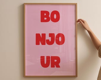 Plakat graficzny Bonjour: Zabawna francuska dekoracja ścienna do salonu (do pobrania w wersji cyfrowej)