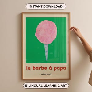 Póster francés de algodón de azúcar, La Barbe à Papa, arte mural bilingüe para habitación infantil, imprimible de circo vintage, decoración parisina para habitación infantil.