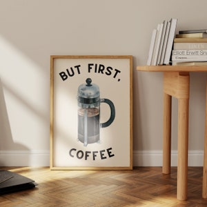 Pero primero, impresión de pared de café, regalo para amantes del café, decoración de pared de cocina retro, club de café, descarga digital, póster de cafetera imprimible, cafetería