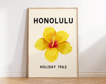 Hawaii Reiseplakat: Vintage Honolulu Gelber Hibiskus Blumenkunst