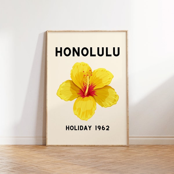 Hawaii Holiday Vintage Travel Poster For Beach House Floral Wall Art Yellow Hibiscus Flower Poster Honolulu Island Art Retro Travel Poster