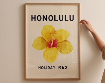 Vintage Hawaii Travel Poster: Yellow Hibiscus Floral Art (Digital Download)