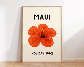 Maui Hawaii Vintage Reiseplakat: Orange Hibiskus Blumenkunst