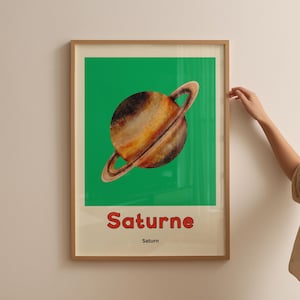 Plakat na ścianę z kosmosem Saturn Planeta Francuskie słowo Sztuka ścienna Vintage Pokój dziecięcy Retro Dekoracja dla dzieci Plakat na ścianę z kosmosem Francuski ABC Dwujęzyczny pokój dziecięcy