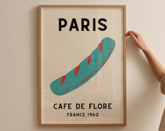 Cafe De Flore Paris Print: Sztuka kuchni francuskiej z bagietką (pobranie cyfrowe)