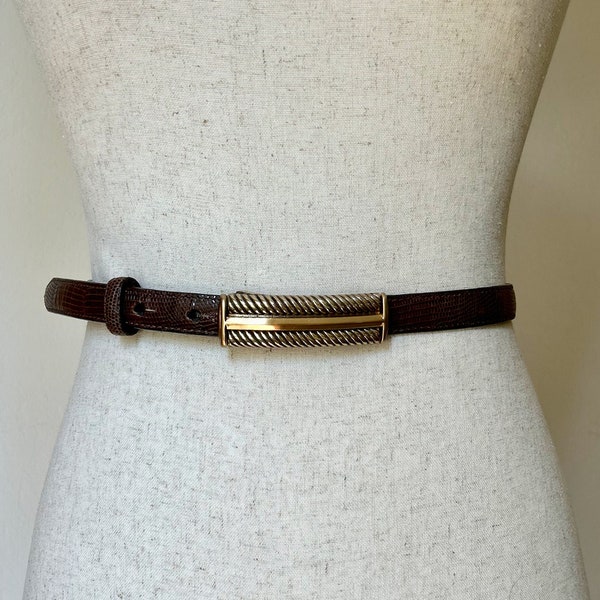 90's Vintage Brown Snakeskin Belt with Gold Horsebit Buckle