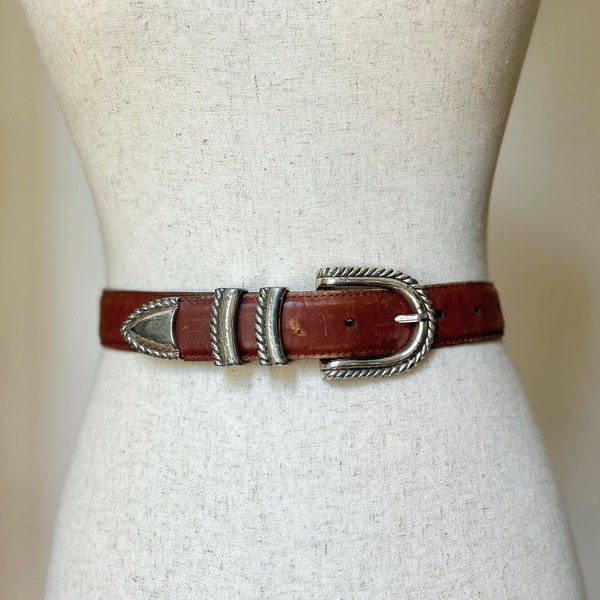 90's Vintage Light Brown Leather Belt with Silver Braided Stud Buckle