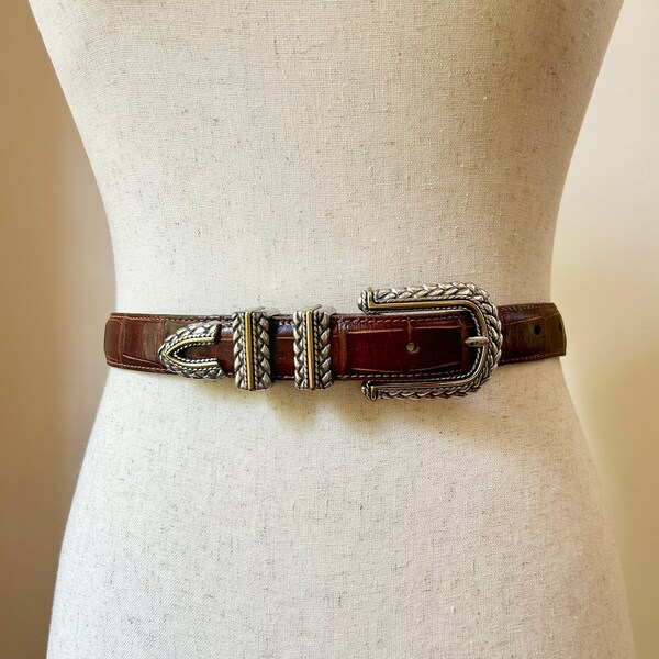 90's Vintage Brown Snakeskin Belt with Gold and Silver Braided Buckle