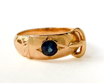 Antique 18k Gold Sapphire Belt Buckle Ring, Star-Set Gypsy Ring