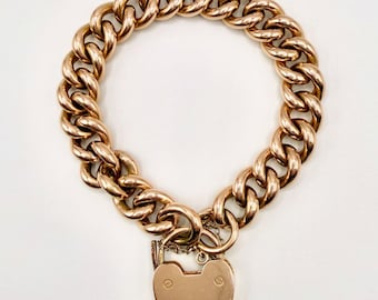 Antique Edwardian 15k Gold Heart Lock Curbchain Bracelet – Love Token, Safety Chain
