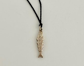 Vintage Silver Fish Charm Necklace on Black Silk Rope