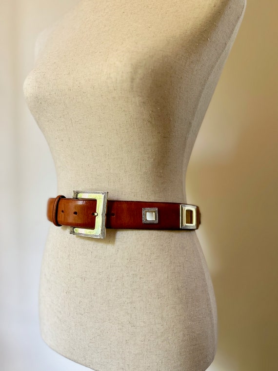 90's Vintage Caramel Leather Belt with Silver Rop… - image 4