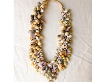 Vintage Mixed Shell Bib Necklace | Handwoven Raffia | Cowrie Olive Turbo | Statement Collar