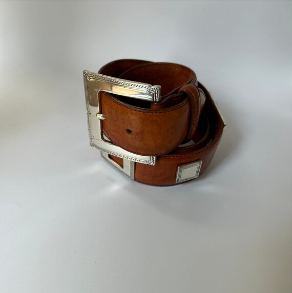 90's Vintage Caramel Leather Belt with Silver Rop… - image 8