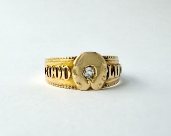 Victorian 18k Gold and Diamond "Good Luck" Horse Shoe Band Ring, Old Mine Cut Diamond — England, c. 1883