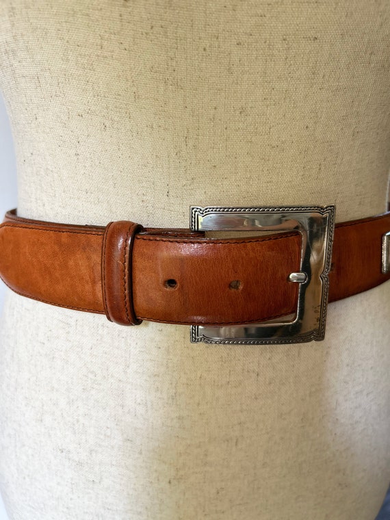 90's Vintage Caramel Leather Belt with Silver Rop… - image 6