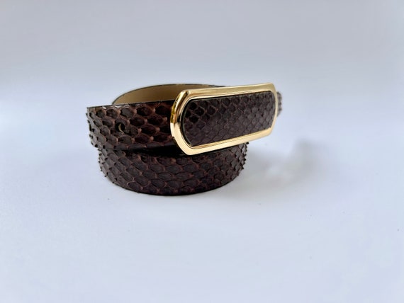 90's Vintage Thin Brown Snake Embossed Belt with … - image 6