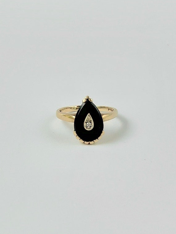 Victorian Diamond and Pear Cut Onyx Ring 10k Gold