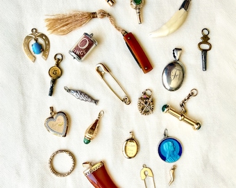 Antique and Vintage Charms - 14k Gold, Sterling Silver, Watch Fob/Key, Snake, Split Ring, Unique, Blue, Turquoise, 18k, Horseshoe, Good Luck