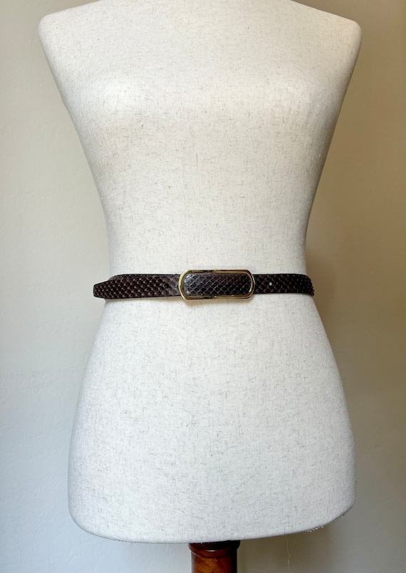 90's Vintage Thin Brown Snake Embossed Belt with … - image 3