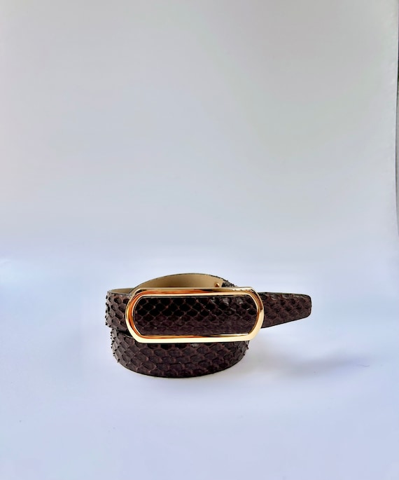 90's Vintage Thin Brown Snake Embossed Belt with … - image 5