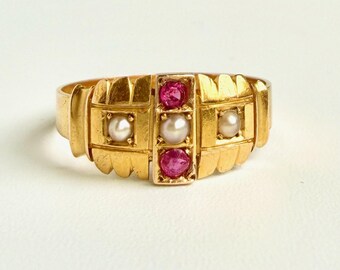 Victorian 15k Gold Ruby and Pearl Gypsy Ring 1884 Birmingham Antique