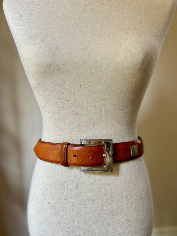 90's Vintage Caramel Leather Belt with Silver Rop… - image 2