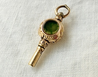 Antique Pinchbeck Double Sided Watch Key Charm, Possibly Georgian, Green and Red Stone Swivel Fob, London