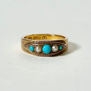 Antique Victorian Turquoise and Pearl 15kt Gold Ring