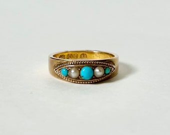 Antique Victorian Turquoise and Pearl 15kt Gold Ring