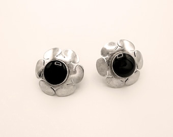 Vintage Sterling Silver Black Onyx Floral Earrings, Modernist Mexican Design