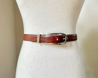 Jaren '90 Vintage Cognac Croc reliëf lederen paardensport stijl riem met zilveren ovale gesp