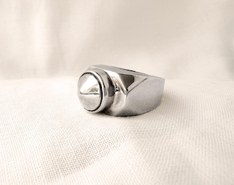 Vintage Sterling Silver Modernist Ring, Chunky Square Band, Domed Center, Size 6, OOAK