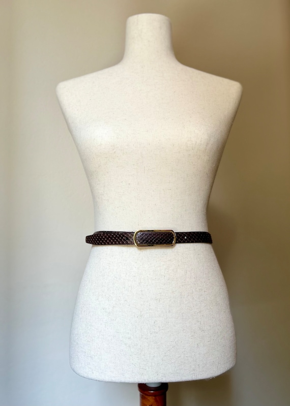 90's Vintage Thin Brown Snake Embossed Belt with … - image 2