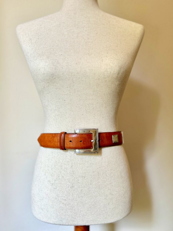 90's Vintage Caramel Leather Belt with Silver Rop… - image 1