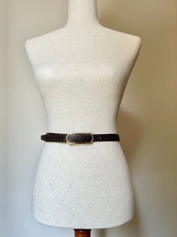 90's Vintage Thin Brown Snake Embossed Belt with … - image 1