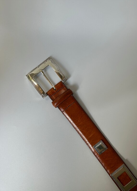 90's Vintage Caramel Leather Belt with Silver Rop… - image 10