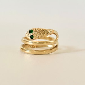 Vintage Gold Snake Ring with Emerald Eyes - 14K Estate