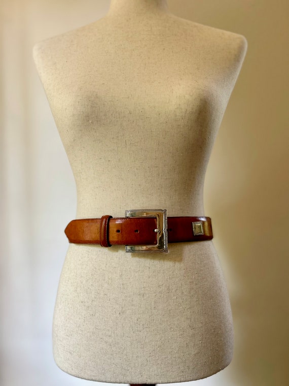 90's Vintage Caramel Leather Belt with Silver Rop… - image 3