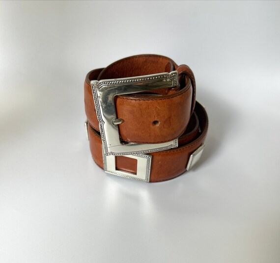 90's Vintage Caramel Leather Belt with Silver Rop… - image 9