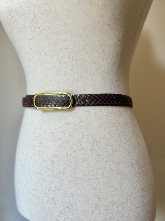 90's Vintage Thin Brown Snake Embossed Belt with … - image 4