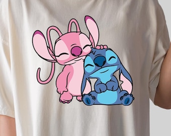 Comfort Colors Stitch And Angel Tee, Cute Stitch Couple Shirt, Disney Love Graphic TShirt, Cartoon Style Disney Trip Tee