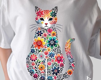 Camiseta con diseño floral de gato arcoíris y colores reconfortantes • Camiseta colorida de regalo para amantes de los gatos • Camiseta bohemia con diseño artístico de gato • Camiseta con diseño hippie único de gato