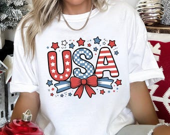 Coquette USA Shirt, Comfort Colors, Cute American Shirt, Girly Fourth Of July Shirt, Patriotic Coquette Bow Shirt, USA Bow Shirt