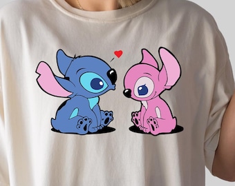 Comfort Colors Stitch And Angel Love Shirt, Cute Easter Pastel Tee With Stitch And Angel Sitting Together With Heart Detail