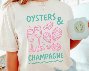 Oysters Champagne Shirt, Comfort Colors Coastal Seafood Lover Tee, Beach Vacation Graphic Shirt