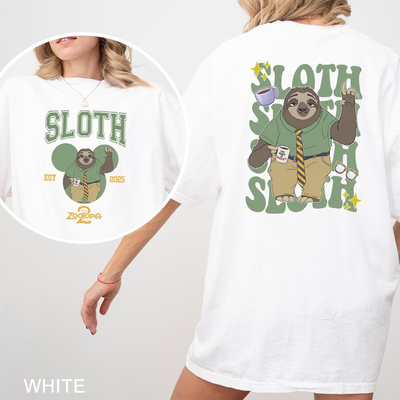 May include: White t-shirt featuring a cartoon sloth character from Zootopia. The front design includes the word "SLOTH" in green, with the character and the text "EST 2025 Zootopia 2". The back of the shirt has a larger sloth graphic.