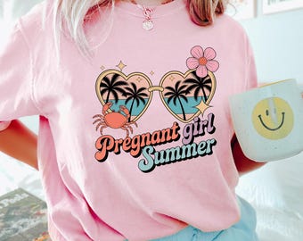 Pregnant Girl Summer Beach Vacation Tee, Retro Coastal Mom Maternity Shirt