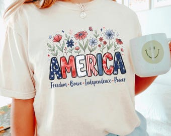 Floral American Flag Shirt, Comfort Colors, 4th Of July Women Shirt, Patriotic Independence Day Shirt, Fourth Of July USA Shirt