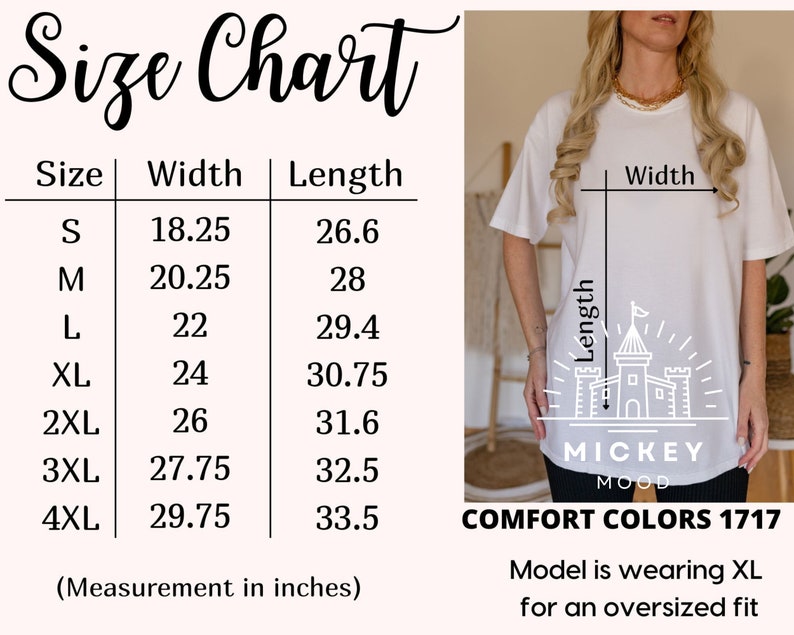 a woman wearing a size chart for a t - shirt